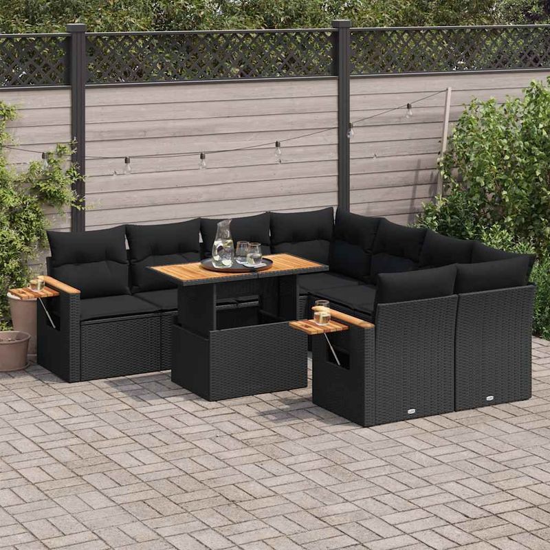 9-tlg. Garten-Sofagarnitur mit Kissen Schwarz Poly Rattan vidaXL