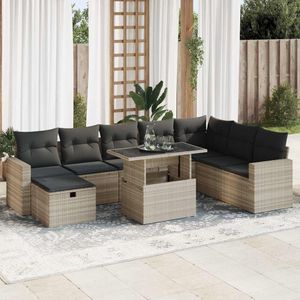 vidaXL 9-delige Loungeset met kussens poly rattan lichtgrijs