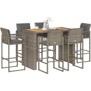vidaXL - 7-delige - Tuinbarset - met - kussens - poly - rattan - acacia - grijs