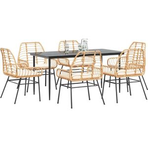 vidaXL - 7-delige - Tuinset - met - kussens - poly - rattan - glas - bruin