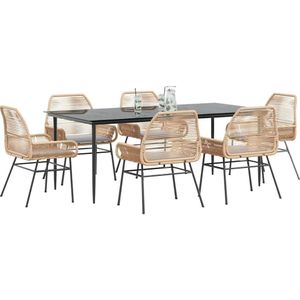 vidaXL - 7-delige - Tuinset - met - kussens - poly - rattan - glas - bruin
