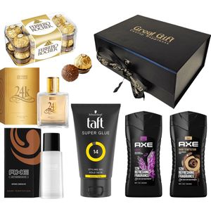 GreatGift - Luxe Cadeaupakket Gold Edition - Voor Hem- AXE Verzorging, Haarwax, 24K Gold Parfum & Ferrero Rocher in Luxe Magneetbox