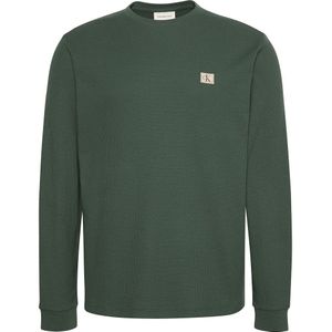 Calvin Klein - LS Waffle Badge Crewnk TEE - Donkergroene Herentrui - Katoen