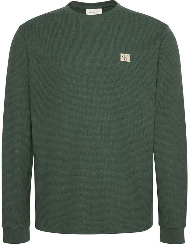 Calvin Klein - LS Waffle Badge Crewnk TEE - Donkergroene Herentrui - Katoen