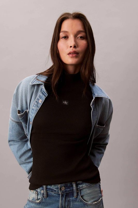 Calvin Klein - Shirttop - Zwart - LS WOVEN LABEL TURTLENECK