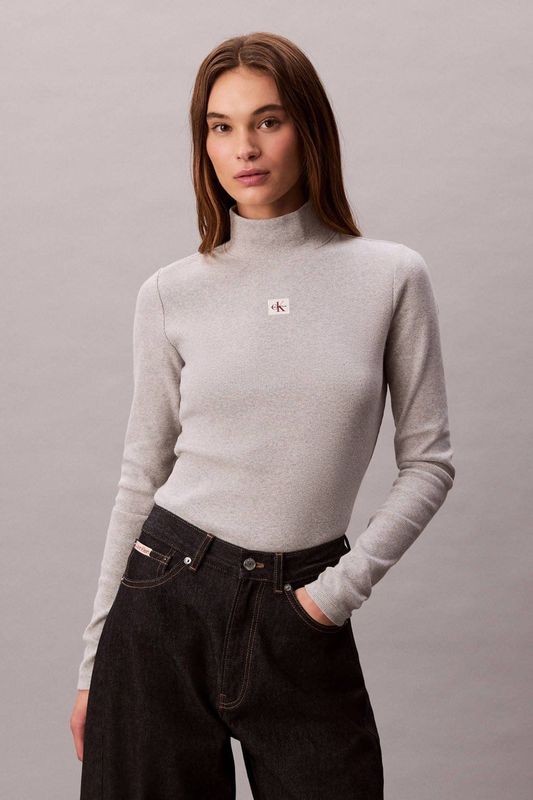 Calvin Klein - Shirttop - History Grey Heather - Lange Mouwen - Staande Kraag