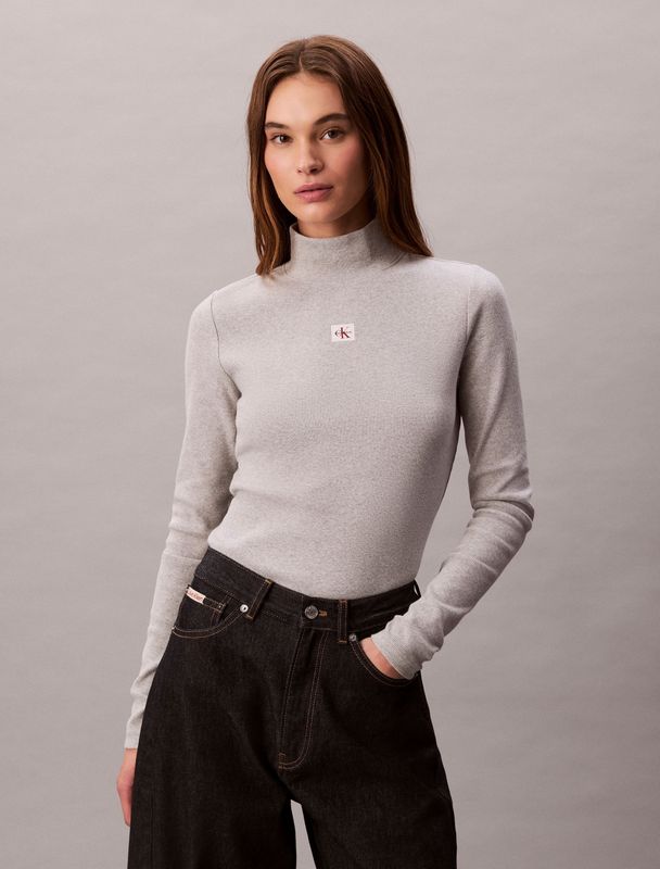 Calvin Klein - Shirttop - History Grey Heather - Lange Mouwen - Staande Kraag