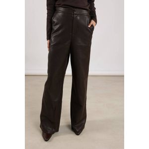NUKUS - Fenna - Imitatieleren Broek - Donkerbruin - Wide Leg - Regular Waist