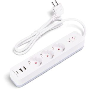 Stekkerdoos - Wit - 3 AC Stopcontacten - 2 USB-A Poorten - 1 USB-C Poort