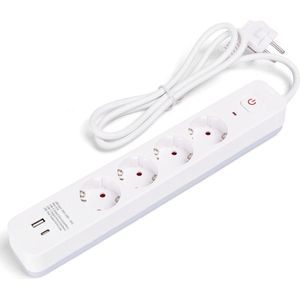 Stekkerdoos - Wit - 4 Stopcontacten - 1 USB-A - 1 USB-C - 1.5 Meter Snoerlengte