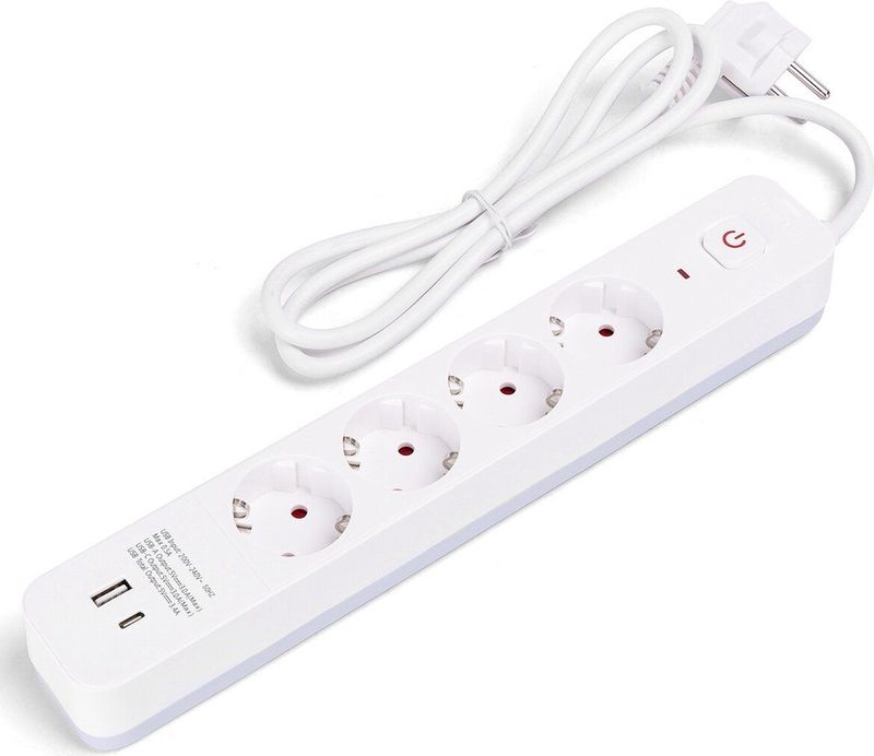 Stekkerdoos - Wit - 4 Stopcontacten - 1 USB-A - 1 USB-C - 1.5 Meter Snoerlengte