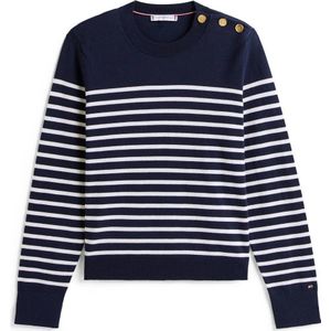 Tommy Hilfiger - CO JERSEY MID GG - Gebreide Trui - Placed Thin White Stp - Lange Mouwen - Goudkleurige Knopen