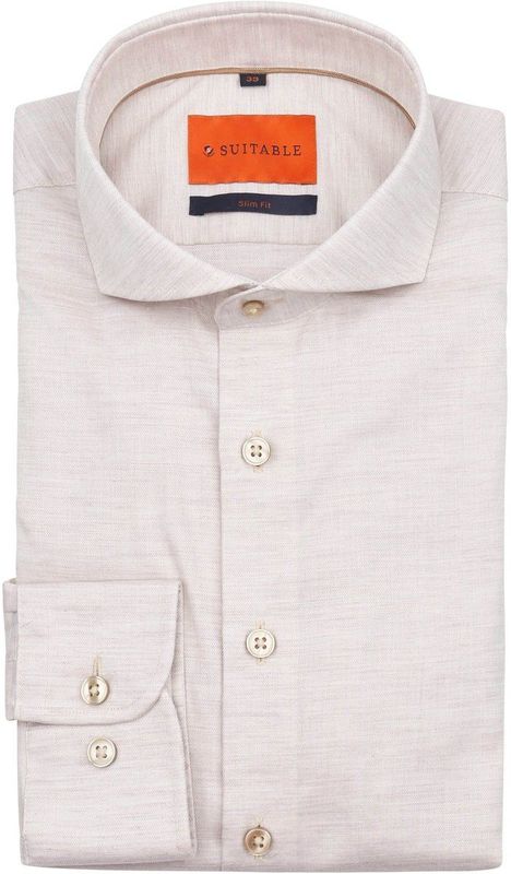 Suitable - Melange Overhemd - Beige - Slim-fit - Katoen - Lange Mouw