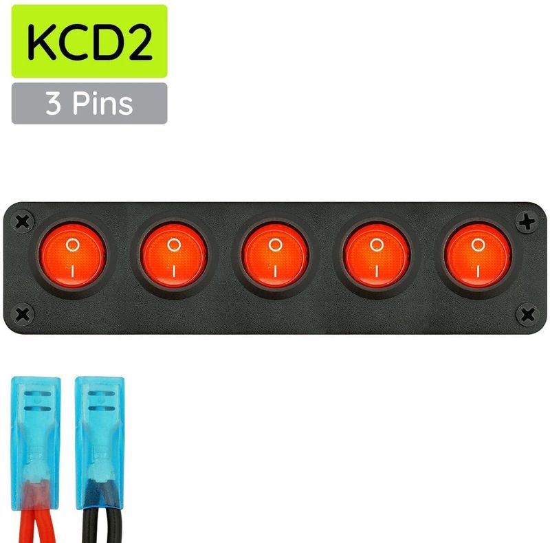 ProRide - Wipschakelaar ON-OFF KCD2 - 3 Polig - 12V/20A - Inbouwpaneel 5-voudig - Rood indicatielampje