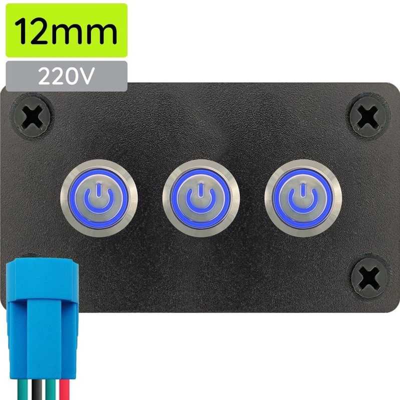 ProRide - Metalen Pulsschakelaar - Zilver - Drievoudig Inbouwpaneel - 220V - IP67 - LED Indicatie Blauw