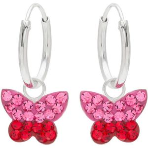 Zilveren oorringen met hanger, vlinder met roze en rode kristallen
