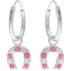 Zilveren oorbellen meisje | Zilveren oorhangers, hoefijzers, roze kristallen