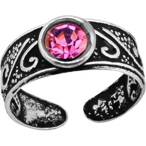 Zilveren teenring, bewerkte band met geoxideerde delen en roze kristal