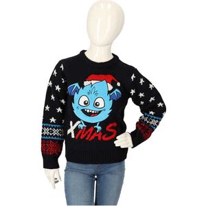 Kersttrui kinderen - Gebreid - Blauw/rood - Maat 92/98 - kersttrui kind - kersttrui jongens - kersttrui meisjes - kerst trui kinderen