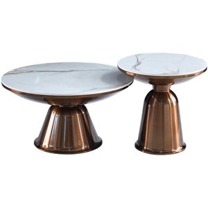 lukmebel Ciri Ronde 2in1 Salontafel - Set Van 2 Stuks - Bijzettafels Woonkamer - Levanto Marmeren Bladen Op Verchroomd Metalen Onderstel - 70x48x70/80cm & 50x42x50/60cm