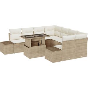 vidaXL 9-delige Tuinbankenset - Beige - Poly Rattan - Inclusief Kussens