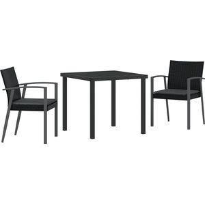 vidaXL - 3-delige Tuin Eettafelset - Zwart - Poly Rattan - Inclusief Kussens