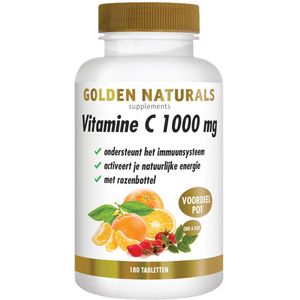 Golden Naturals - Vitamine C 1000mg - Rozenbottel - Vegan - 2 x 180 tabletten - Voordeelverpakking