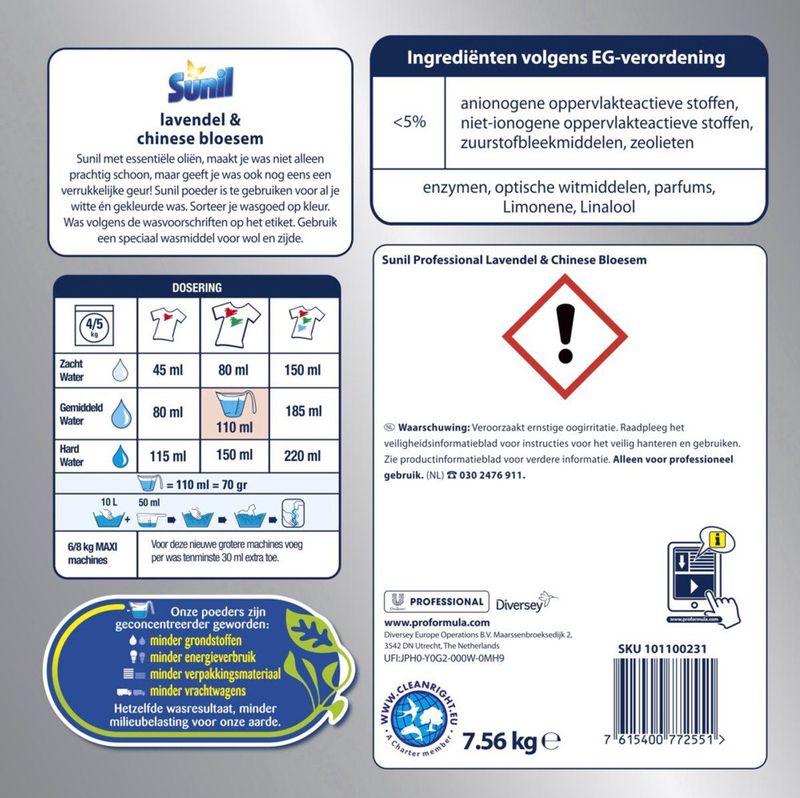 Sunil - Pro Formula - Wasmiddel Poeder - Lavendel & Chinese Bloesem - 108 Wasbeurten - 7,56 kg