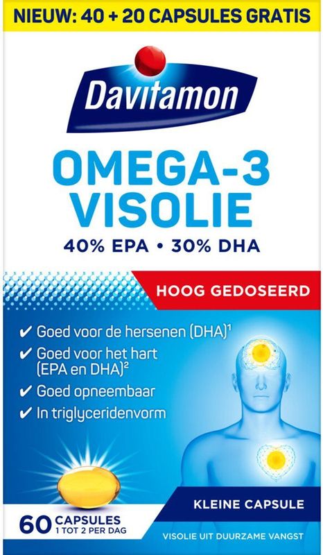 Davitamon - Omega-3 Visolie - 60 Capsules - Hoog Gedoseerd - Met Vitamine E