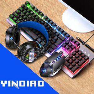 YINDIAO K002 USB Bedrade Mechanische Feel RGB Backlight Toetsenbord + Optische Stille Muis + Headset Set (Zwart)