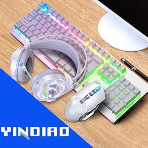 YINDIAO K002 USB Bedrade Mechanische Feel RGB Backlight Toetsenbord + Optische Muis + Headset Set (Wit)