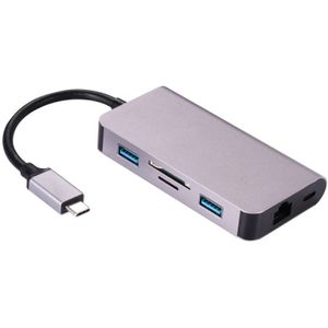 6 in 1 type C USB 3 0 hubs type-C naar 2xUSB 3.0 RJ45 SD TF-kaart PD Oplaadpoort adapter kabel Converter voor laptop MacBook (grijs)