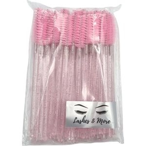 50 Stuks Roze glitter Make-Up Wimpers Borstels Voor Wimper Extension - Mascara Applicator Wands - Siliconen Wegwerp Mascara Borstel Make Up kwasten