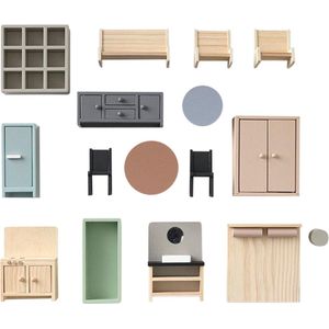 Retro - Houten Poppenhuis Meubels - 16-delige Set