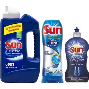 Sun Classic Vaatwaspoeder 80 beurten + Sun - Dry & Shine Spoelglans 450ml + Sun Expert Gel Extra Shine & Protect 28 beurten
