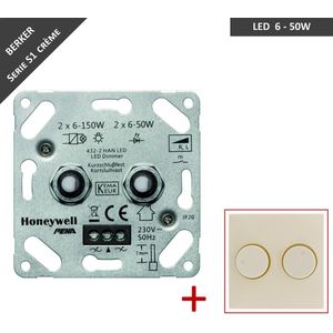 PEHA duo dimmer - LED - 2 x 6 tot 50W - Fase aansnijding - Met afdekplaat voor Berker S1 - Crème