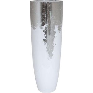 Luna vaas wit zilver 91cm hoog | Grote witte hoogglans zilveren vaas | Brede bloempot plantenbak vazen