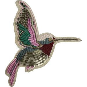 Kolibrie Vogel Paillette Strijk Applicatie Patch Links 15 cm / 19.5 cm / Goud Roze Groen