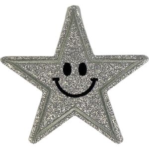 Smiley Ster Strijk Embleem Patch Glitter Zilver 9 cm / 9 cm / Zilver
