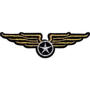 Airforce Aviator Wings Ster Strijk Embleem Patch 9.8 cm / 2.8 cm / Goud Wit Zwart