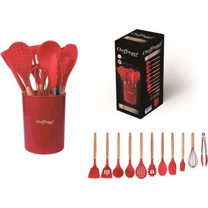 Cheffinger Kookgerei set 12-delig met Houder - Rood - Keukengerei Set - Garde - Spatel - Silicone