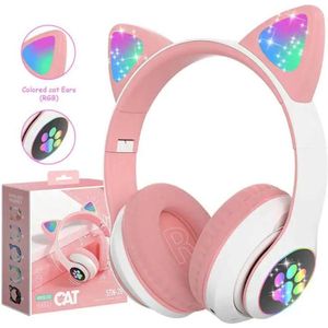 Kinder Hoofdtelefoon-Draadloze Koptelefoon-Kids Headset-Over Ear-Bluetooth-Microfoon-Katten Oortjes-Led Verlichting-Roze