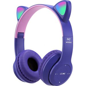 Kinder Hoofdtelefoon-Draadloze Koptelefoon-Kinder Headset-On Ear-Bluetooth-Microfoon-Katten Oorjtes-Led Verlichting-Paars