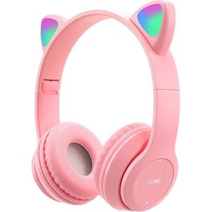 Kinder Hoofdtelefoon-Draadloze Koptelefoon-Kinder Headset-On Ear-Bluetooth-Microfoon-Katten Oorjtes-Led Verlichting-Licht Roze