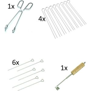 Barbecue Voorbereidingen Set / Benodigdheden - Barbecue  Accesoires Set in Roestvrij Staal - Gereedschapset  6x Barbecue spiezen/vleespennen 30 cm - 4x Dubbele Spiezen  -  1x barbecue BBQ tang - 31 cm -  1x barbecue BBQ Vlees Haak