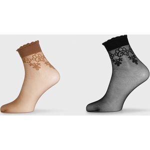 2 pack Gabriella Pantysokjes Bea 20DEN met patroon, one size, beige en zwart - Polyamide - Elastaan - Pantysok - Vrouwen - Elastische band - Effen