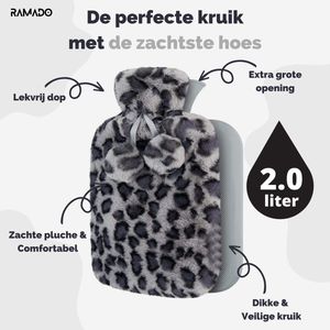 Warmwaterkruik met Zachte Hoes - Grijze met Panterprint | 2 Liter inhoud | Tot 6 uur warm | Warmwaterzak | Rubber | Anti-Lek | Extra zacht | Veilig | Kruik | Verwarmen | Bedkruik | Warmtekruik | Pijnverlichting | Kruikzak | Waterkruik