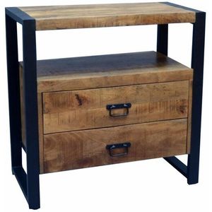 Mangoe - Nachtkastje - Bijzettafel - Industrieel Design - Mangohout en Staal - 2 Lades