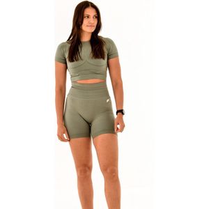 Dames Sportset – Comfort Cropped T-shirt & High Waist Short – Zachte, Ademend & Stretchy Set voor Fitness, Yoga, Pilates & Casual – DM Training (sage grijs)