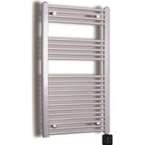 Elektrische design radiator sanicare plug & play 111,8x45 cm inox look 596 watt met zwarte thermostaat en bluetooth links